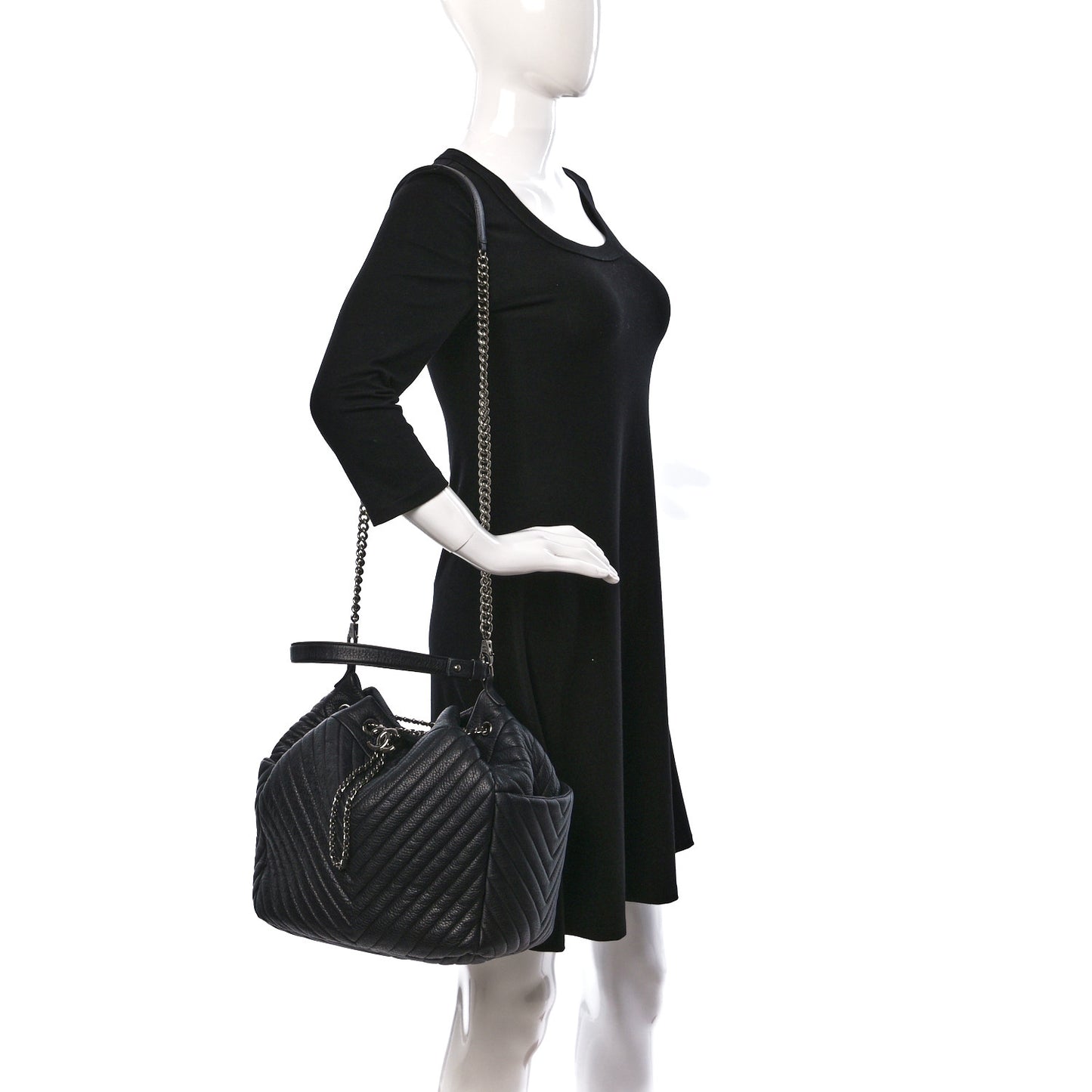 Deerskin Chevron Large CC Chain Bucket Drawstring Bag Black