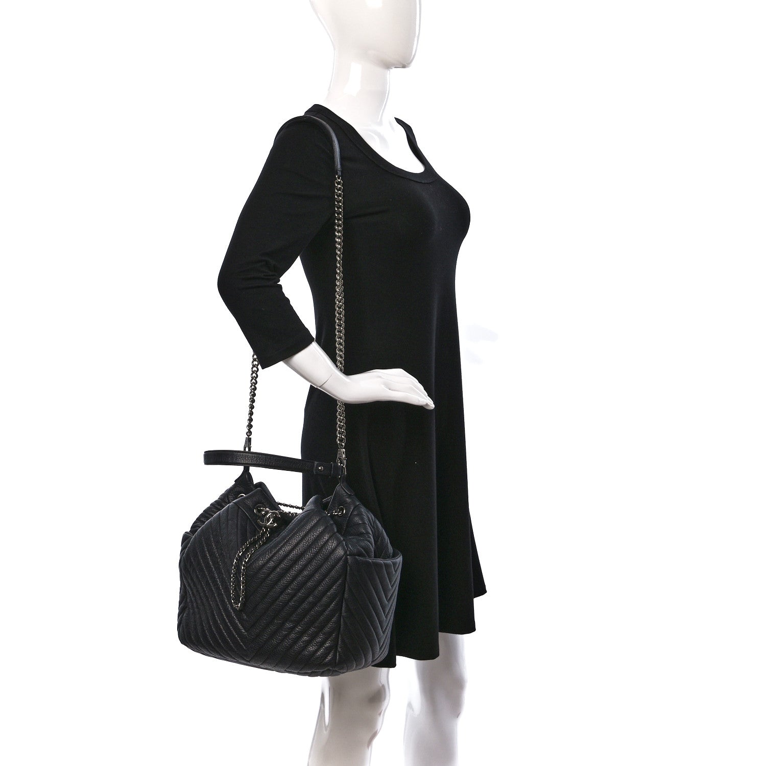 Chanel Deerskin Chevron Large CC Chain Bucket Drawstring Bag Black 2 of 17