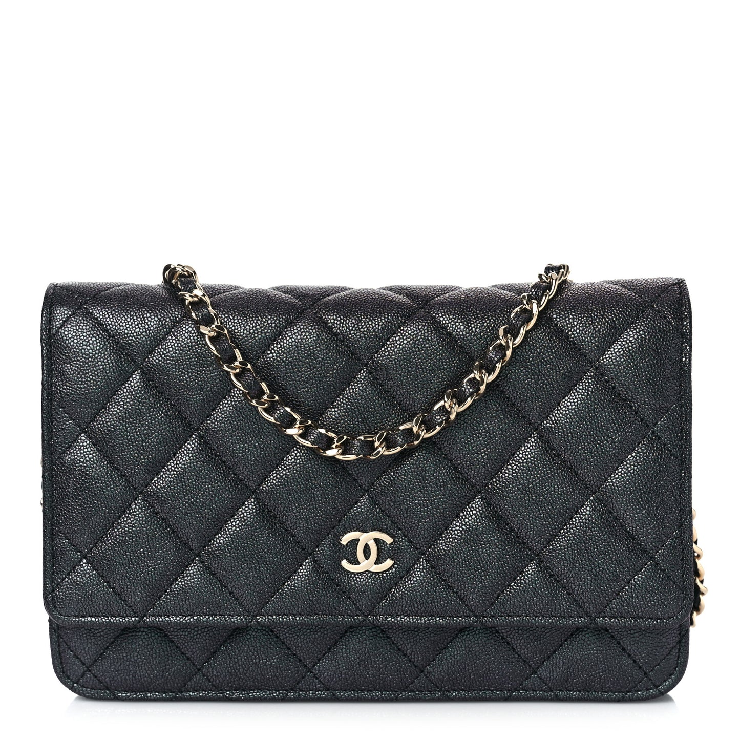 Iridescent Caviar Quilted Wallet On Chain WOC Black