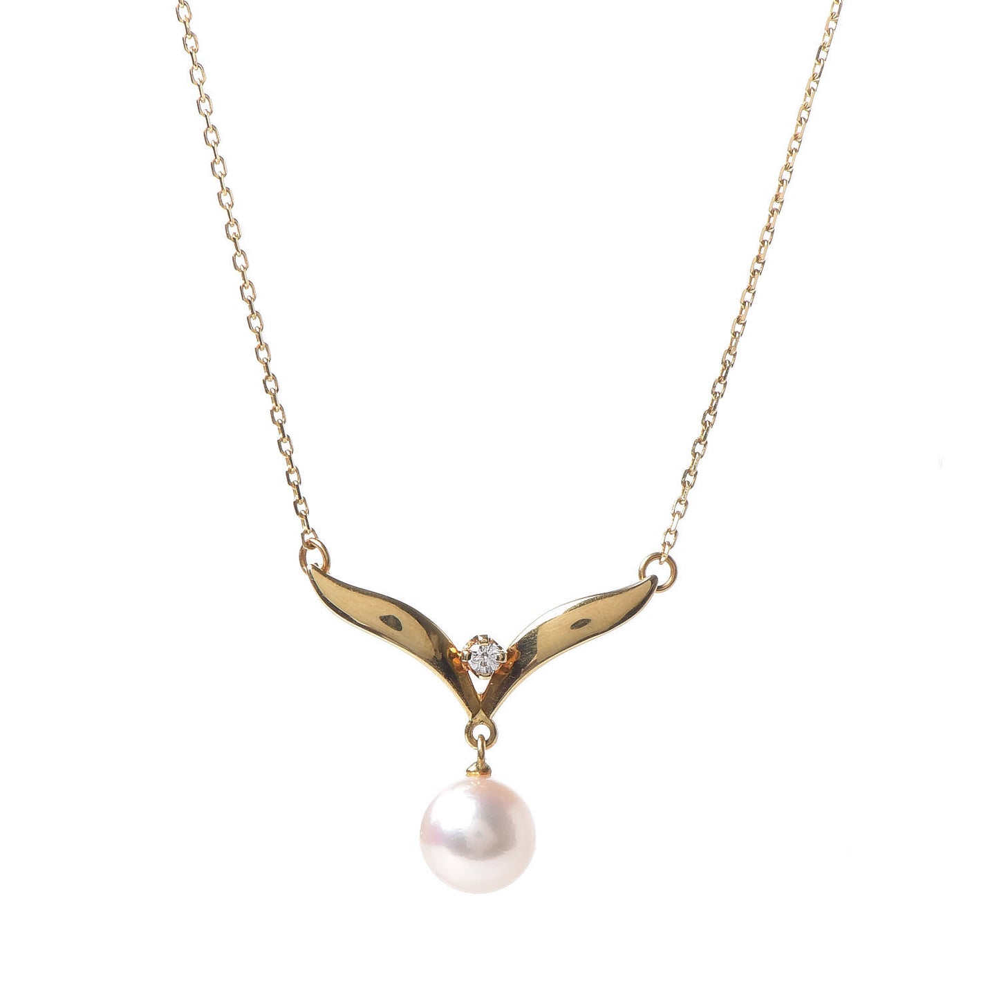18K Yellow Gold Diamond Akoya Pearl 7mm Pendant Necklace