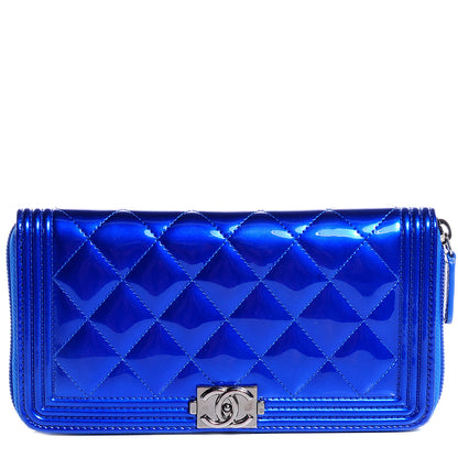 Chanel Metallic Patent Quilted Boy L-Gusset Zip Wallet Blue 1 of 9
