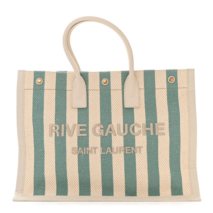 Saint Laurent Cotton Linen Calfskin Striped Rive Gauche Tote Water Green 1 of 11
