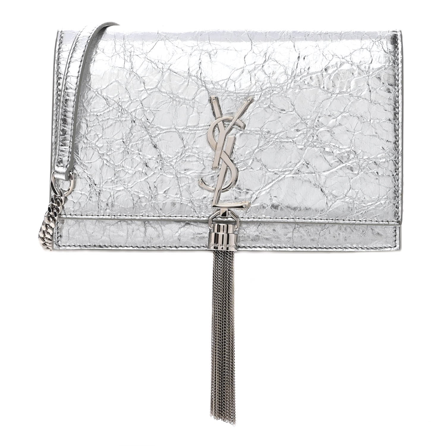 Saint Laurent Metallic Crackled Calfskin Kate Monogram Tassel Chain Wallet Argento 1 of 9
