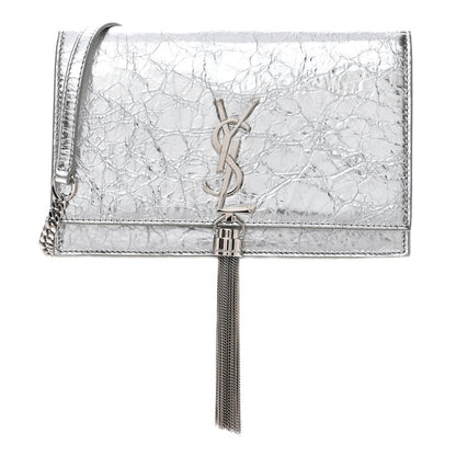 Saint Laurent Metallic Crackled Calfskin Kate Monogram Tassel Chain Wallet Argento 1 of 9
