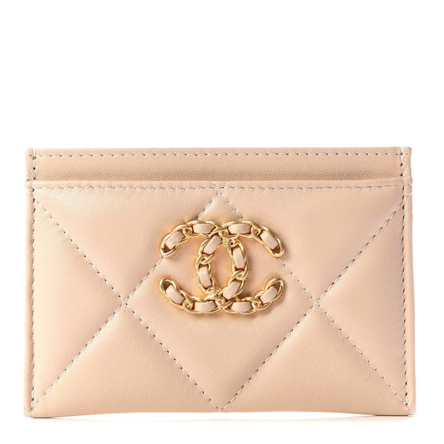 Shiny Goatskin Quilted Chanel 19 Card Holder Beige