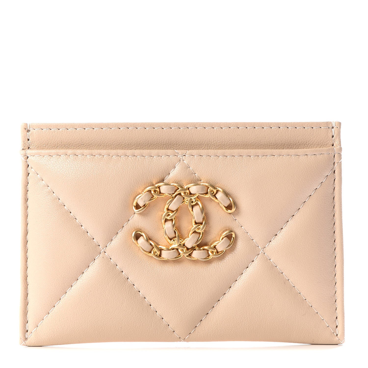 Chanel Shiny Goatskin Quilted Chanel 19 Card Holder Beige 1 of 11