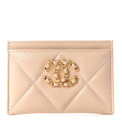 Chanel Shiny Goatskin Quilted Chanel 19 Card Holder Beige 1 of 11