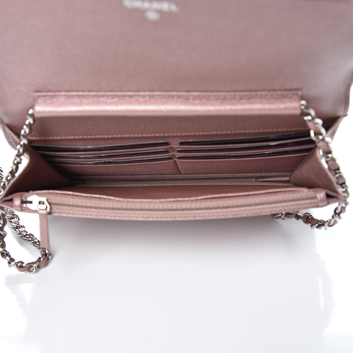 Chanel Metallic Caviar Chevron Quilted Vintage Mademoiselle Wallet On Chain WOC Pink 5 of 9