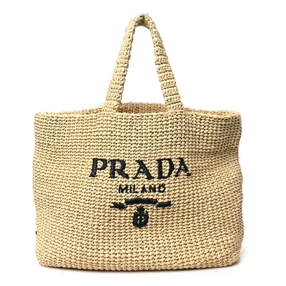 Prada Yarn Raffia Effect Crochet Embroidered Logo Tote Naturale 1 of 12