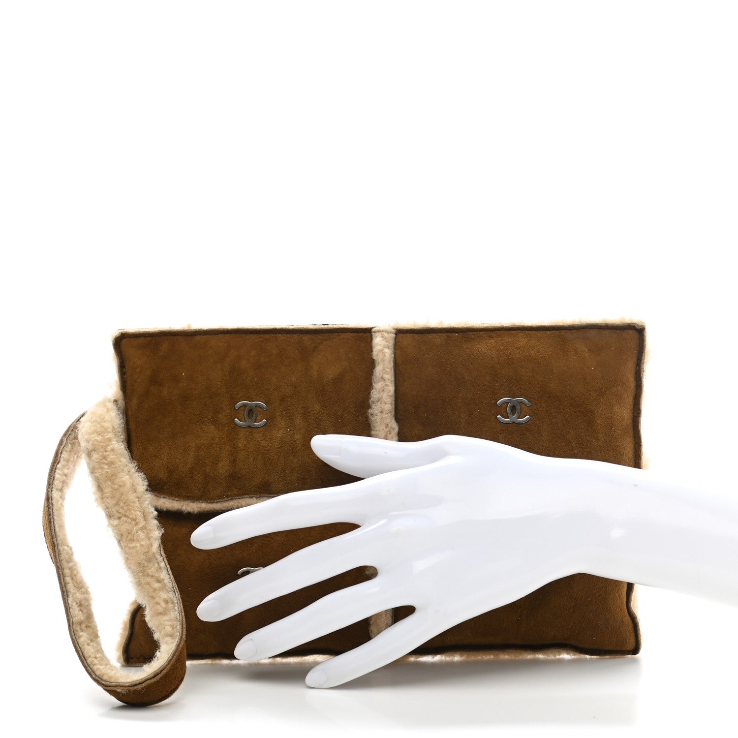 Chanel Suede Shearling Fur Wristlet Brown 2 of 8