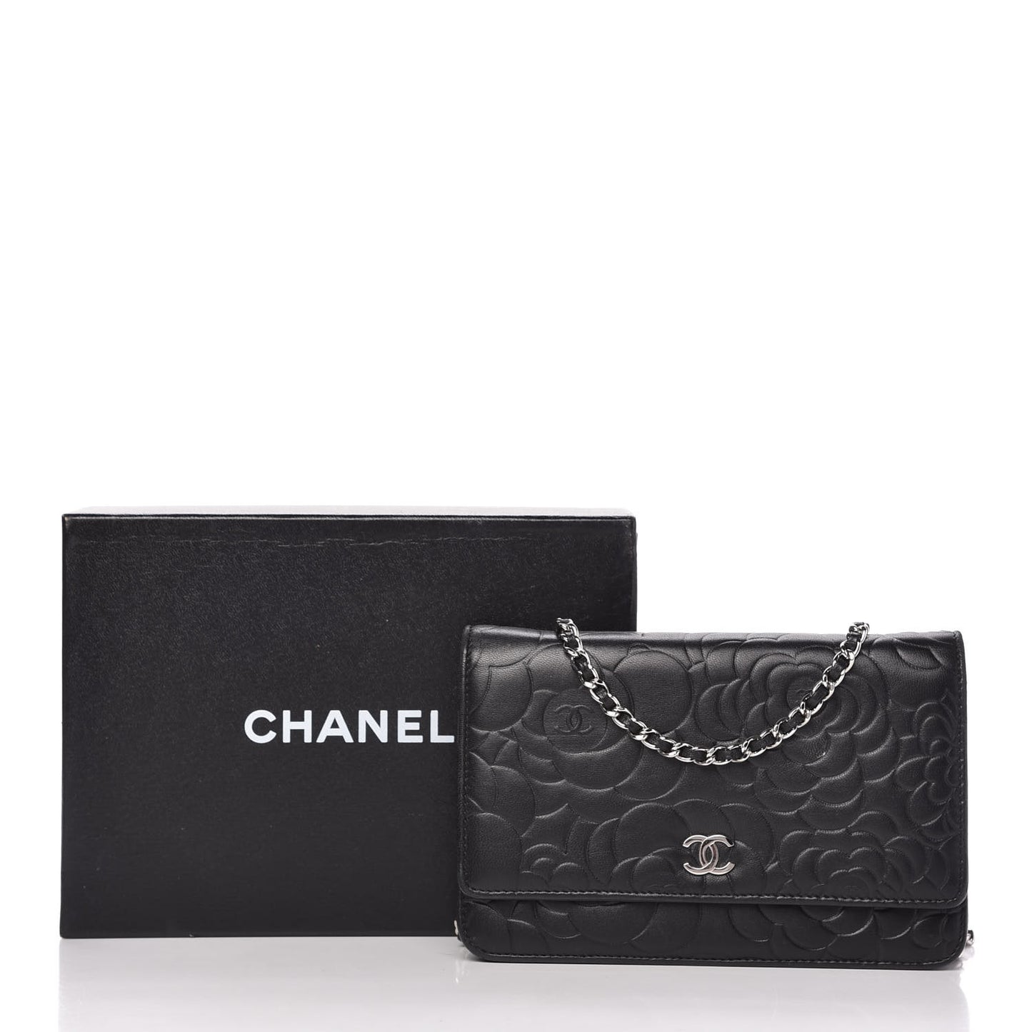 Lambskin Camellia Embossed Wallet on Chain WOC Black