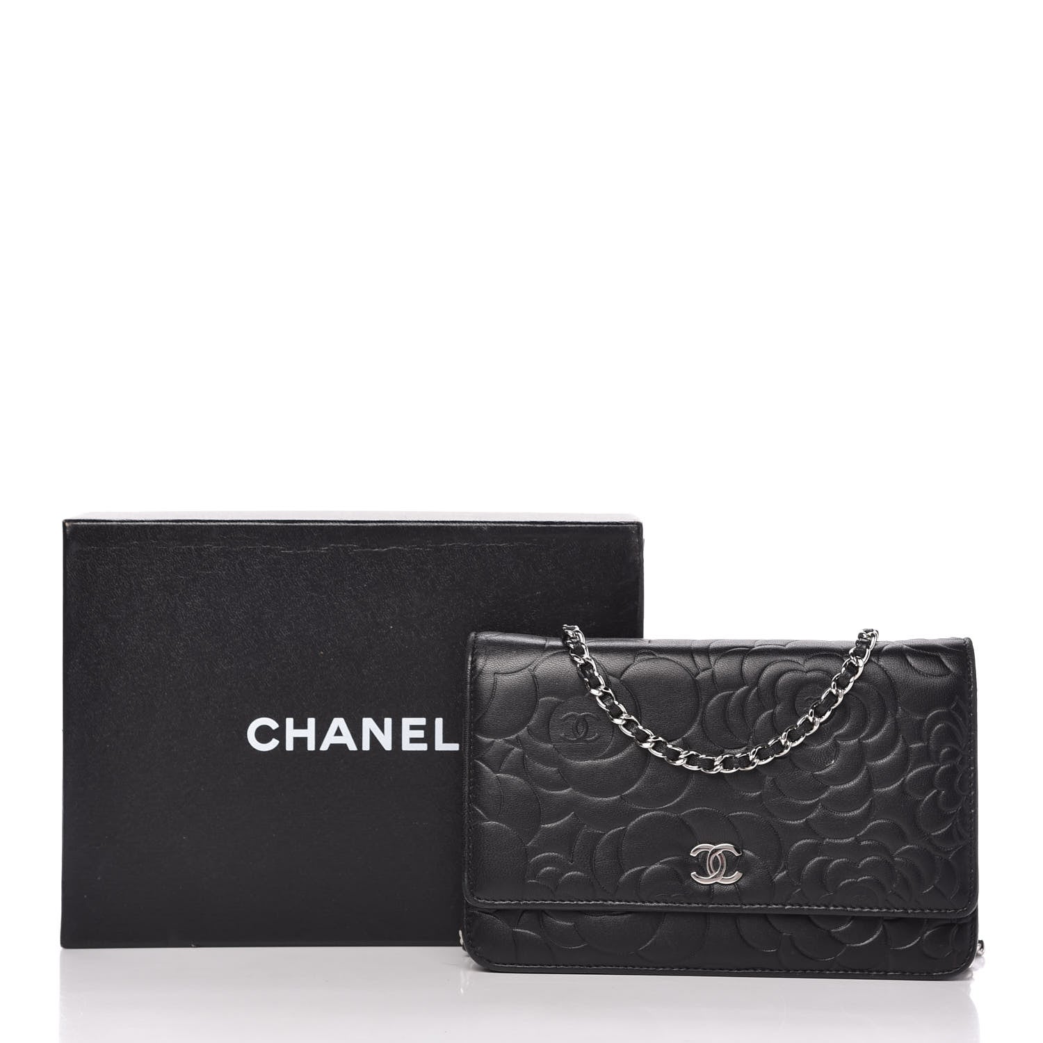Chanel Lambskin Camellia Embossed Wallet on Chain WOC Black 12 of 12
