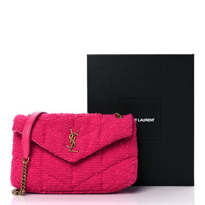 Saint Laurent Boucle Tweed Quilted Toy Loulou Puffer Monogram Chain Satchel Magenta 10 of 10