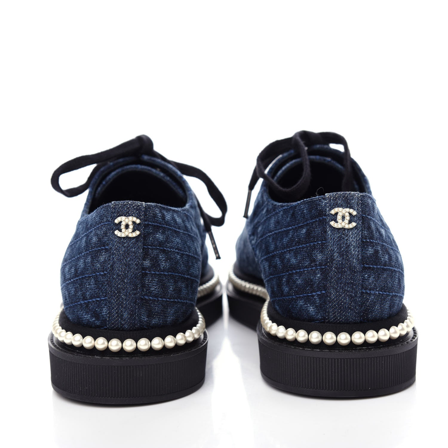Chanel Denim Grosgrain Camellia Pearl Lace Up Sneakers 36 Blue Black 7 of 11