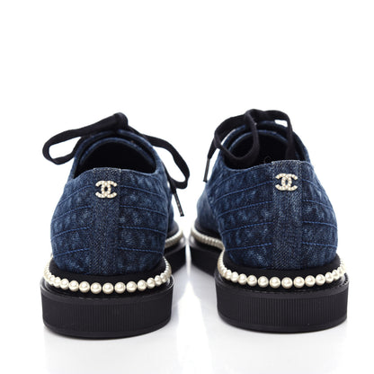 Chanel Denim Grosgrain Camellia Pearl Lace Up Sneakers 36 Blue Black 7 of 11