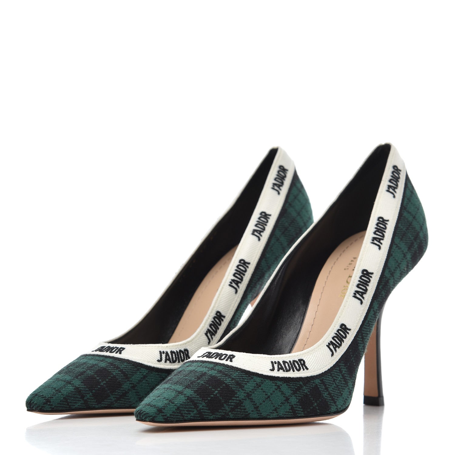 Christian Dior Canvas Ribbon Tartan Print Embroidered J'Adior 100mm Pumps 39 Black Green 3 of 12