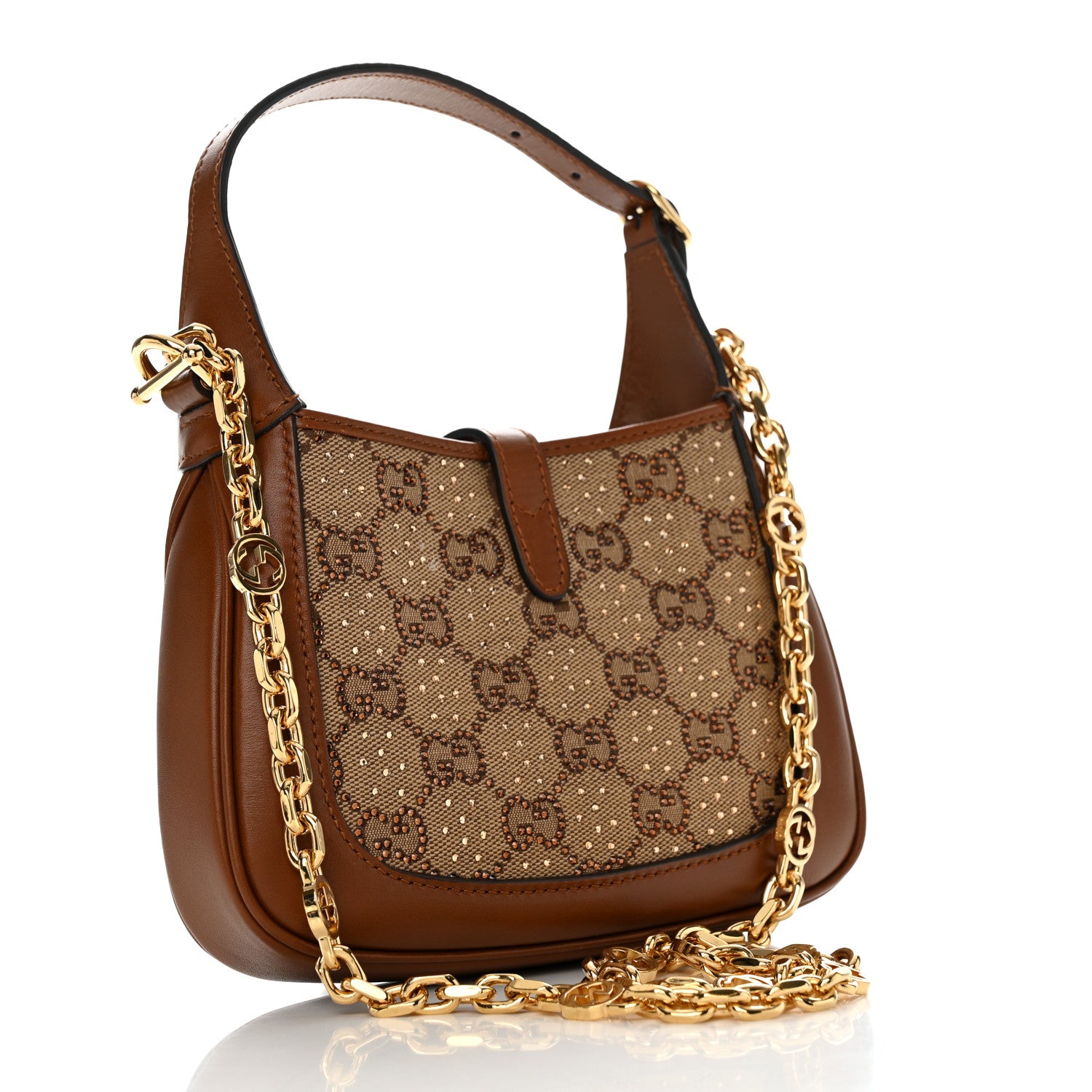 Gucci New Canvas Charisma Calfskin Crystal GG Monogram Mini Jackie 1961 Hobo Camel Ebony 2 of 11