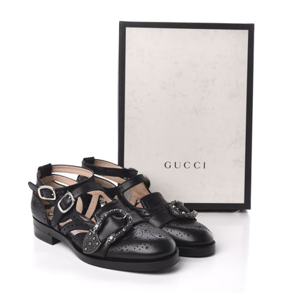 Gucci Calfskin Bee Embroidered Womens Queercore Brogue Wingtip Monk Strap Loafers 37 Black 8 of 8