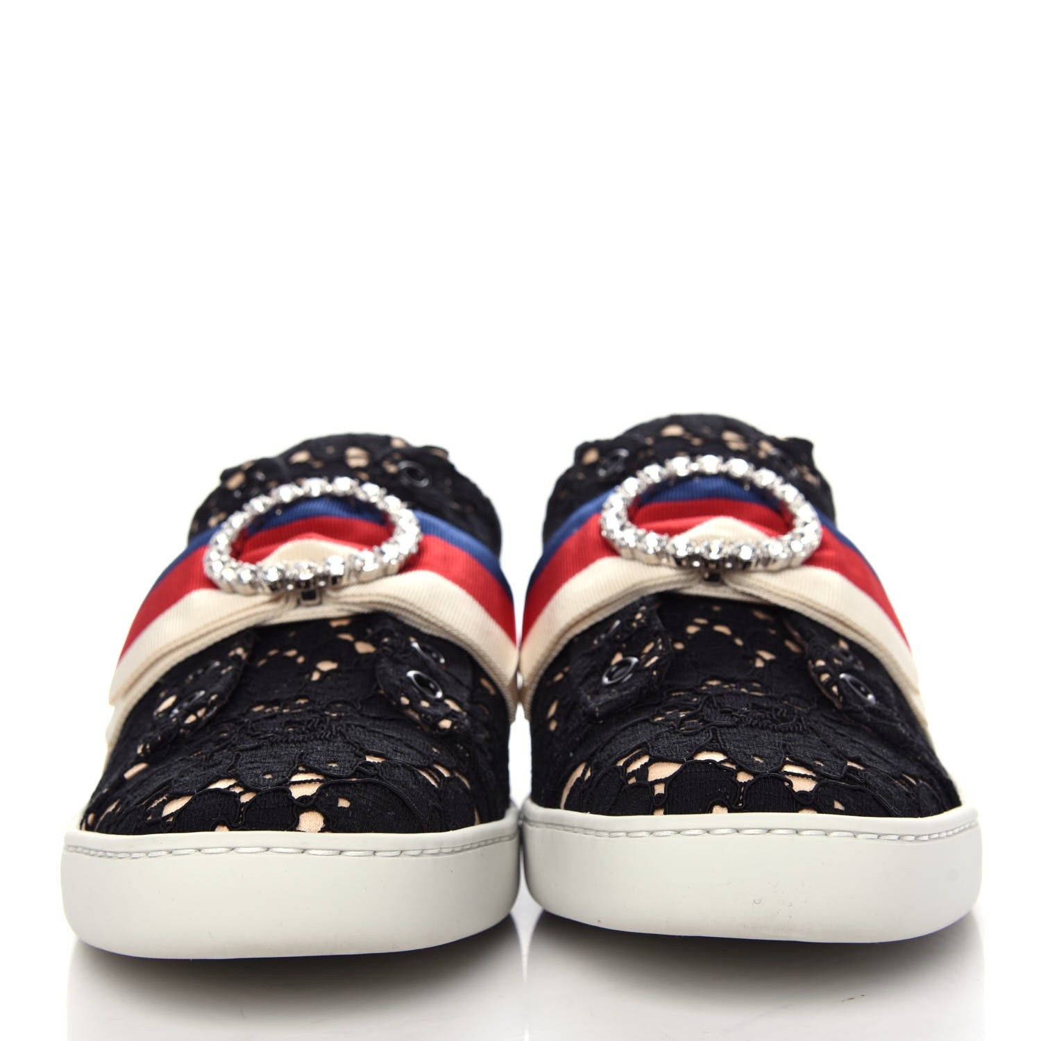 Gucci Lace Crystal Sylvie Web Flower Leaf Womens Ace Sneakers 38.5 Black Tan Beige 2 of 11