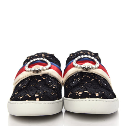 Gucci Lace Crystal Sylvie Web Flower Leaf Womens Ace Sneakers 38.5 Black Tan Beige 2 of 11