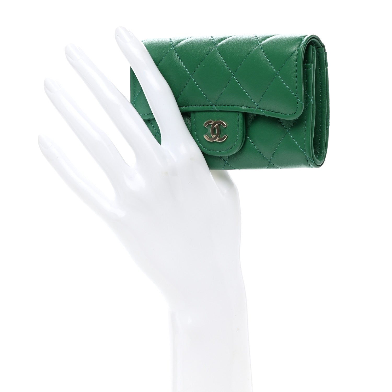 Chanel Lambskin Quilted Flap Card Holder Wallet Green 2 of 9