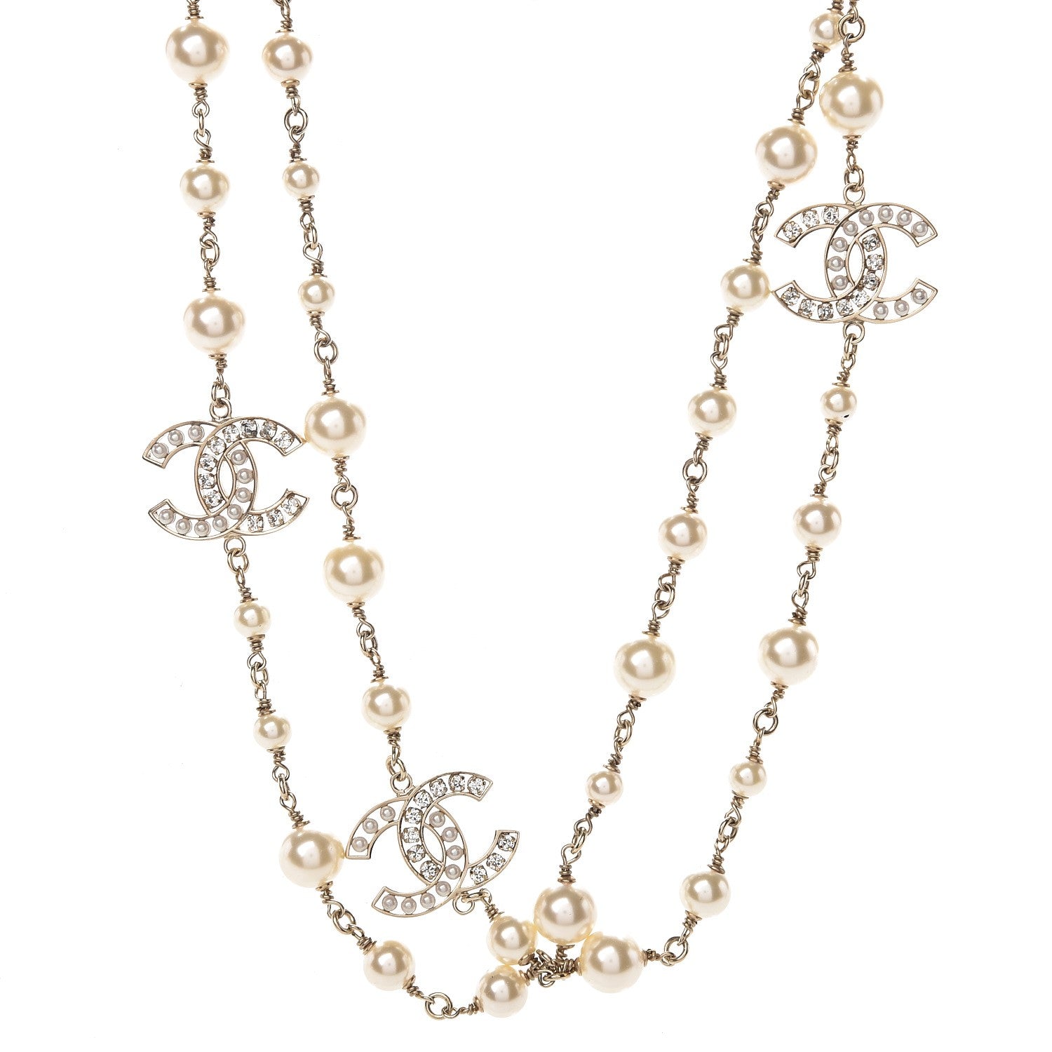 Chanel Pearl Crystal CC Long Necklace Light Gold 1 of 5