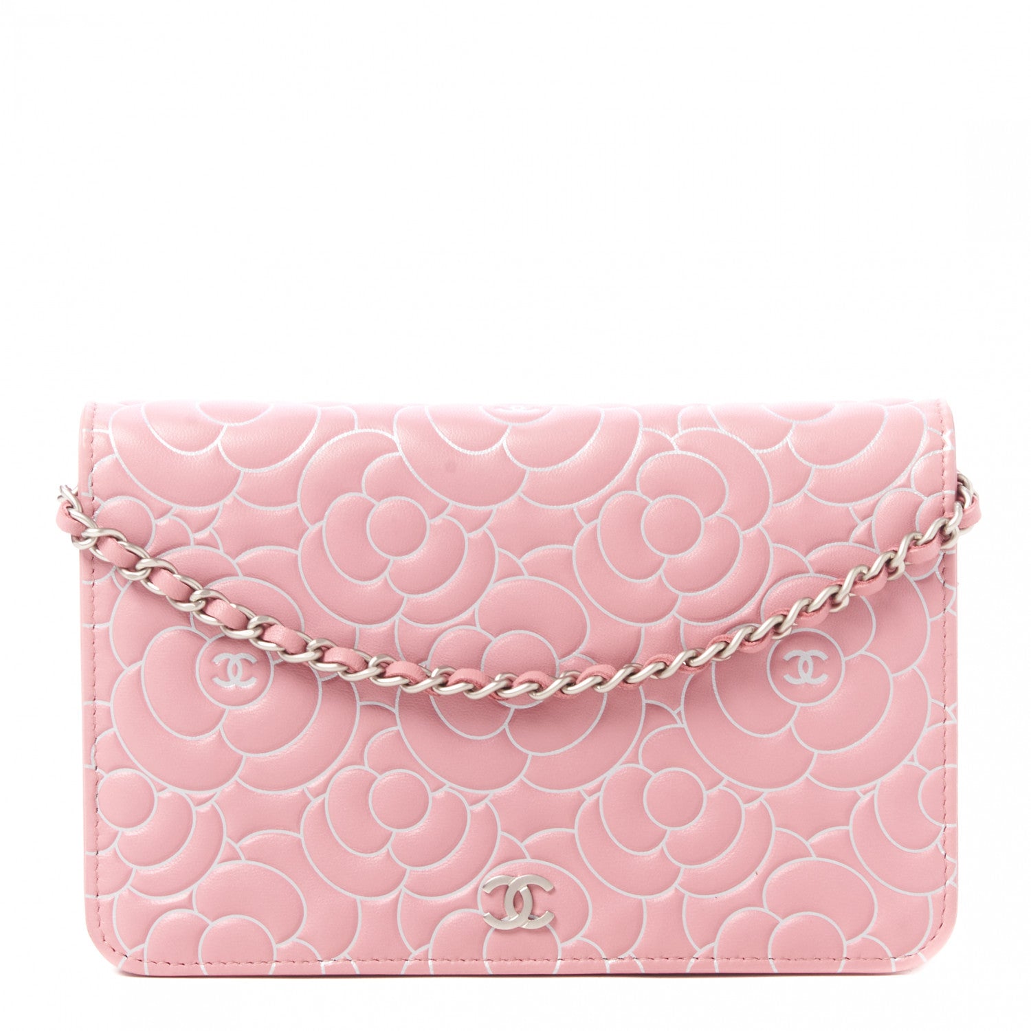 Chanel Lambskin Camellia Embossed Wallet On Chain WOC Pink 1 of 10