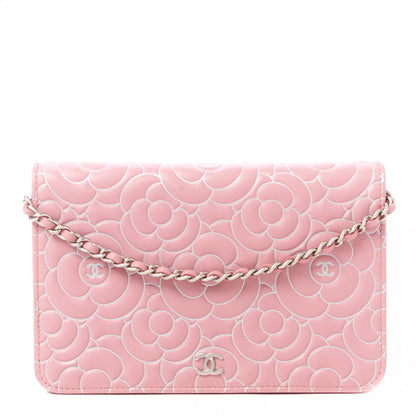 Chanel Lambskin Camellia Embossed Wallet On Chain WOC Pink 1 of 10