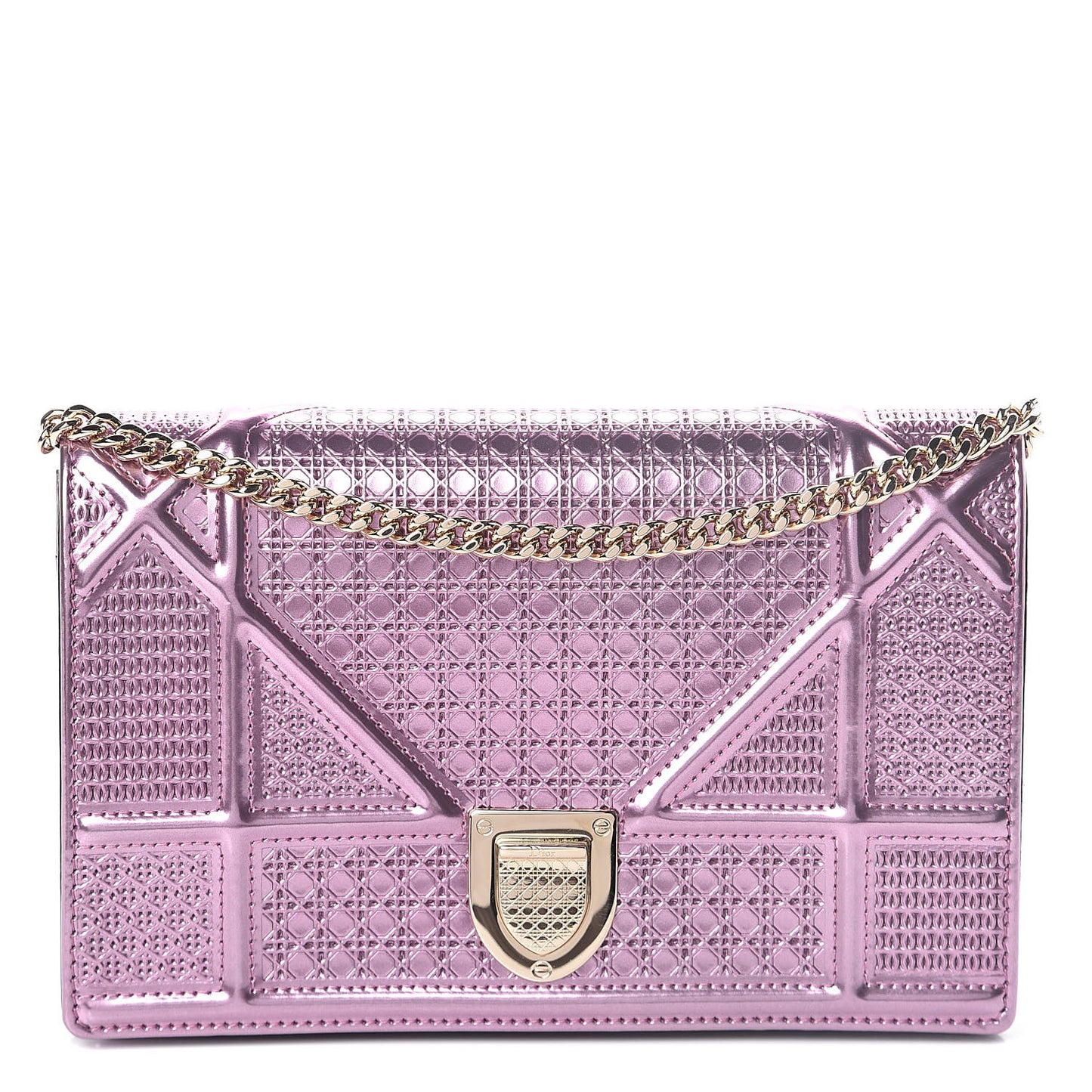 Metallic Patent Micro-Cannage Diorama Wallet on Chain Pouch Pink