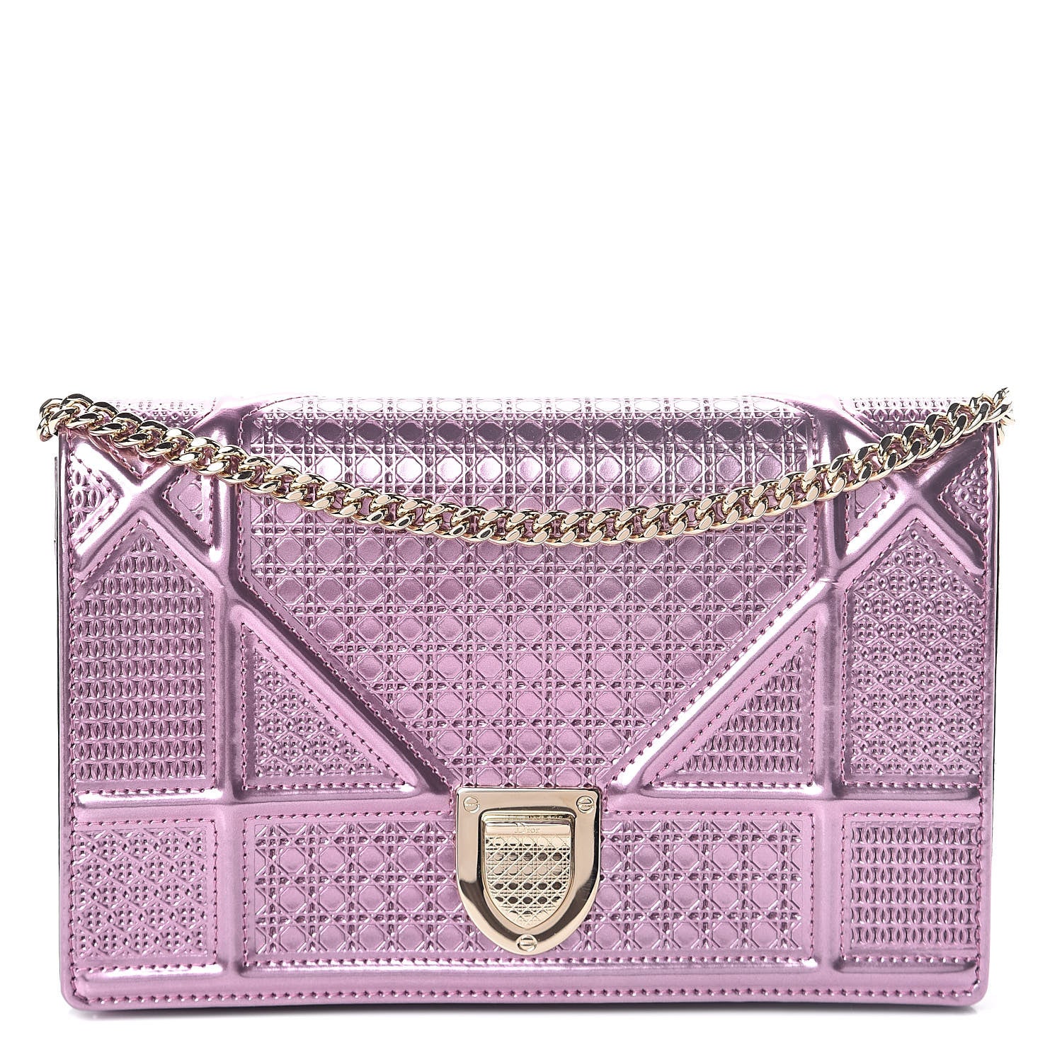 Christian Dior Metallic Patent Micro-Cannage Diorama Wallet on Chain Pouch Pink 1 of 9