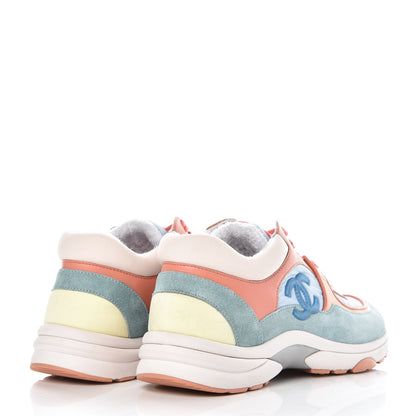 Chanel Nylon Lambskin Suede Calfskin CC Sneakers 37 Coral Light Blue White 4 of 13