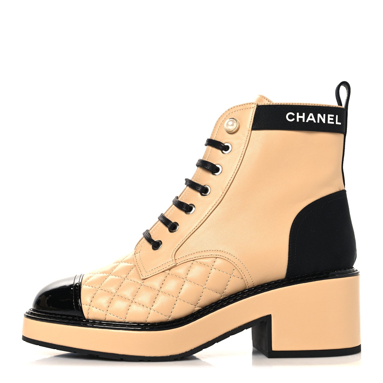 Chanel Lambskin Patent Calfskin Quilted Lace Up Boots 38 Beige Black 1 of 9