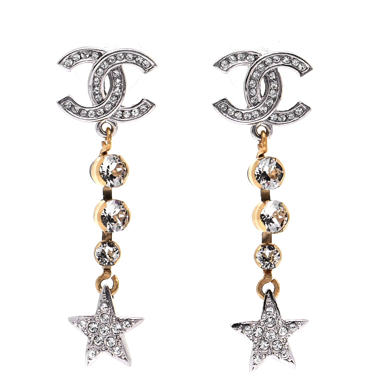 Chanel Crystal Star Drop CC Earrings Silver Gold 1 of 6