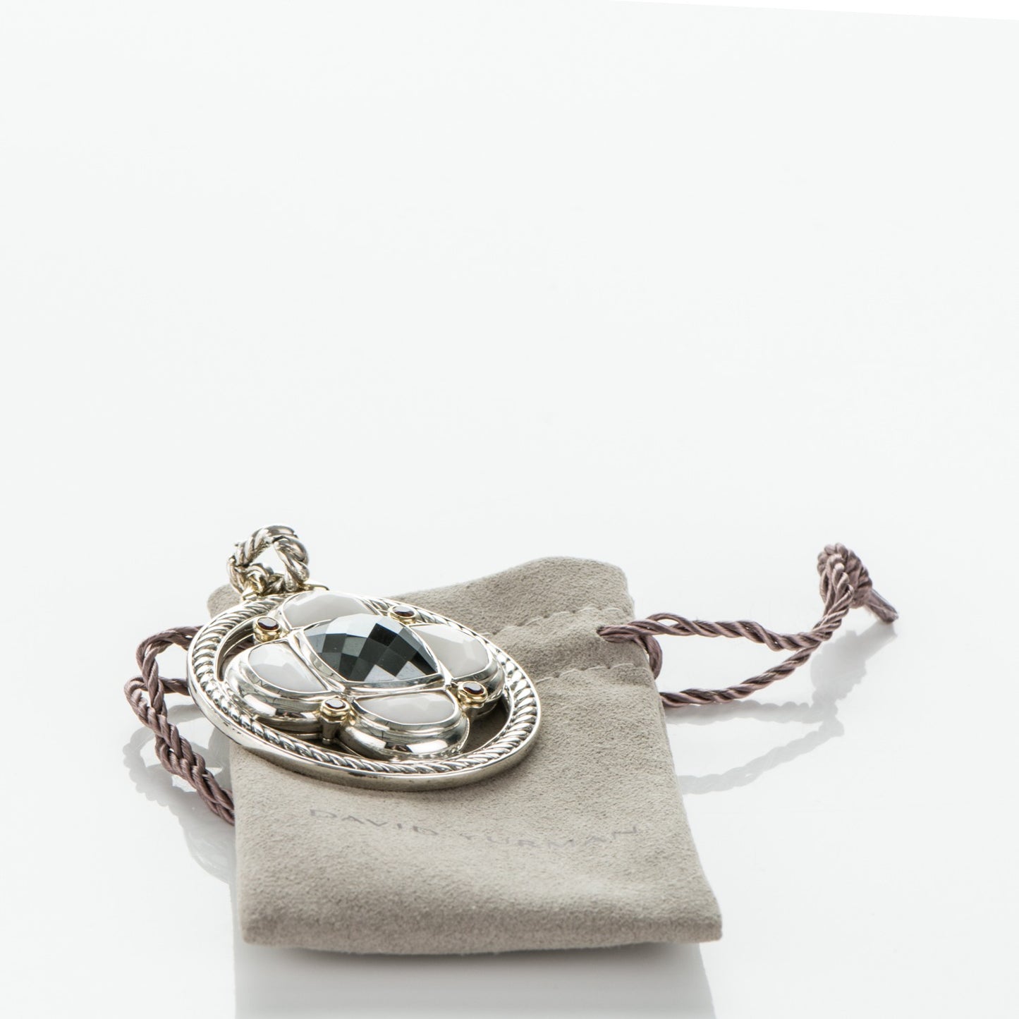 Sterling Silver 14K Yellow Gold White Agate Hematite Garnet Half Moon Renaissance Enhancer Pendant