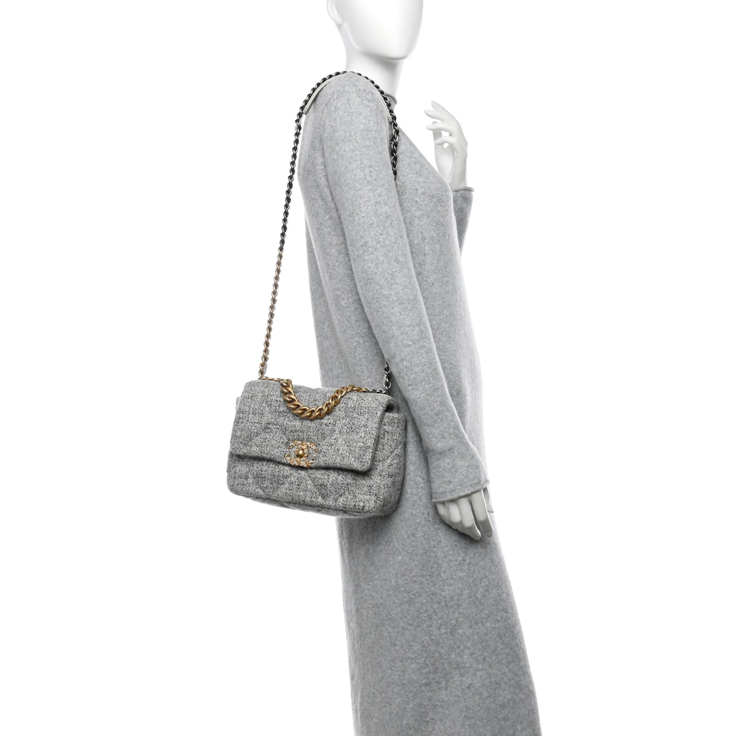 Tweed Quilted Medium Chanel 19 Flap Grey Ecru