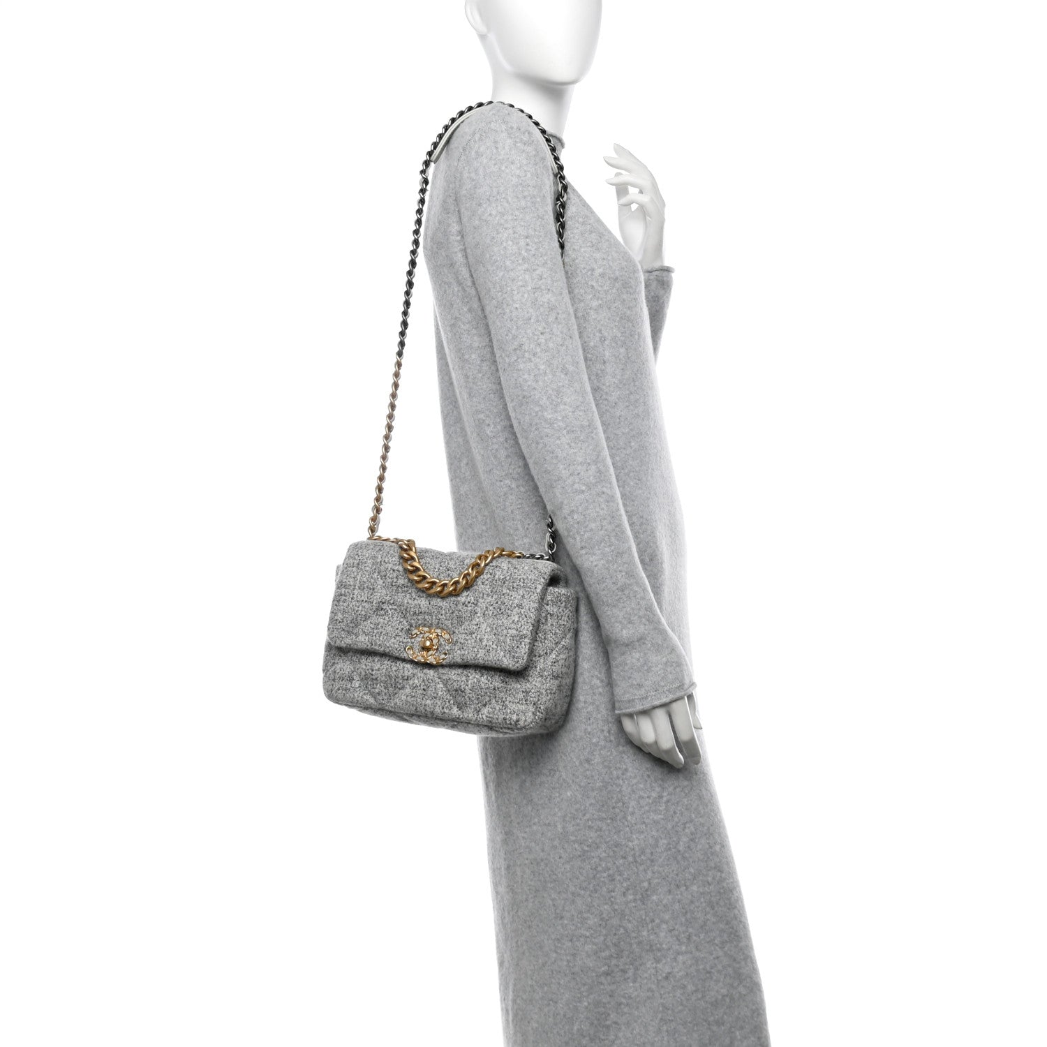 Chanel Tweed Quilted Medium Chanel 19 Flap Grey Ecru 2 of 9