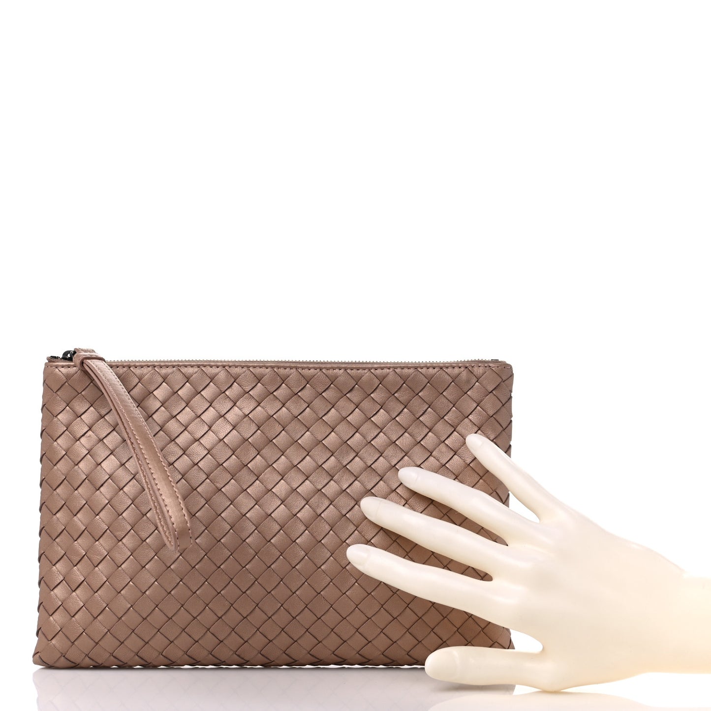 Metallic Nappa Intrecciato Wristlet Zip Pouch Rose Gold
