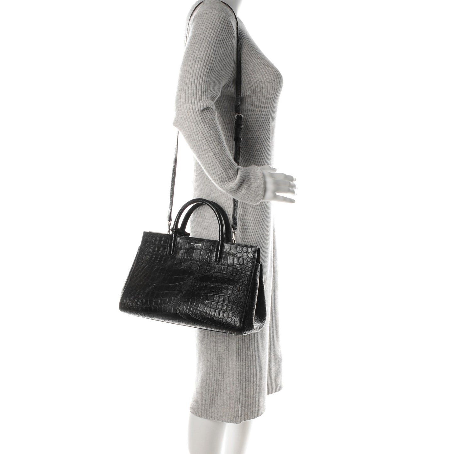 Calfskin Crocodile Embossed Small Cabas Rive Gauche Black