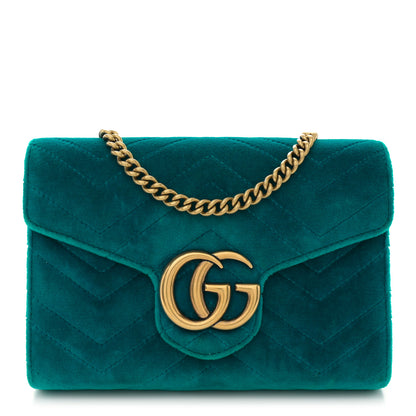 Gucci Velvet Matelasse GG Marmont Chain Wallet Pavone Cyan 1 of 14