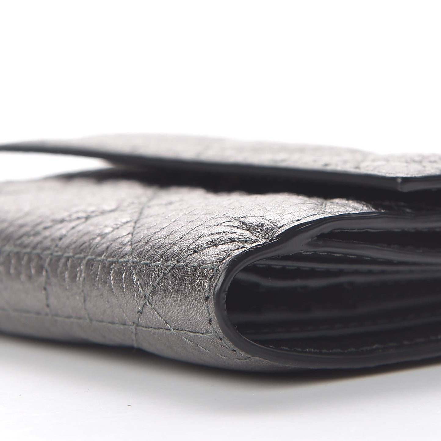 Metallic Grained Calfskin Cannage Lady Dior French Wallet Gunmetal
