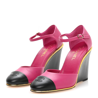 Chanel Lambskin Cap Toe Open Wedge Pumps 40 Fuchsia Black 4 of 9