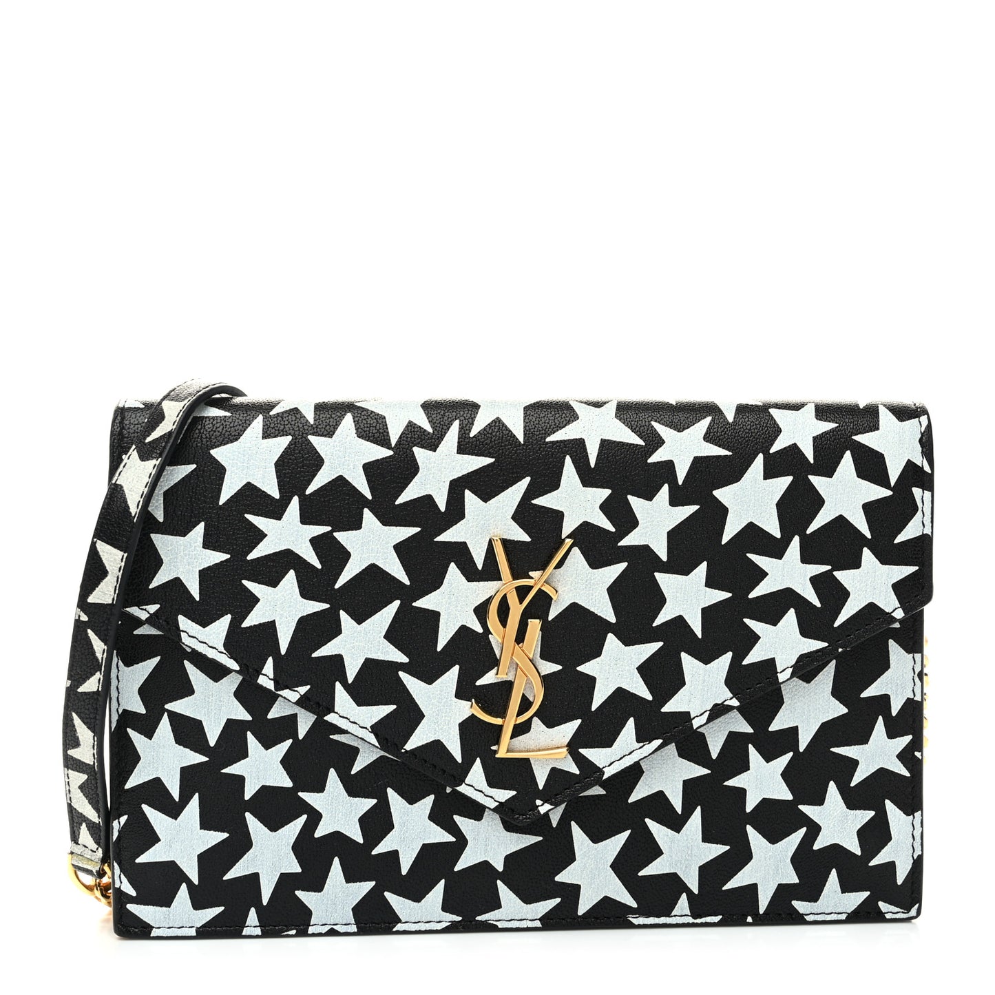 Lambskin Star Print Monogram Envelope Chain Wallet Black White
