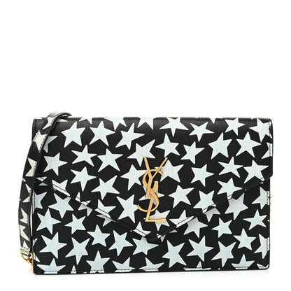 Saint Laurent Lambskin Star Print Monogram Envelope Chain Wallet Black White 1 of 11