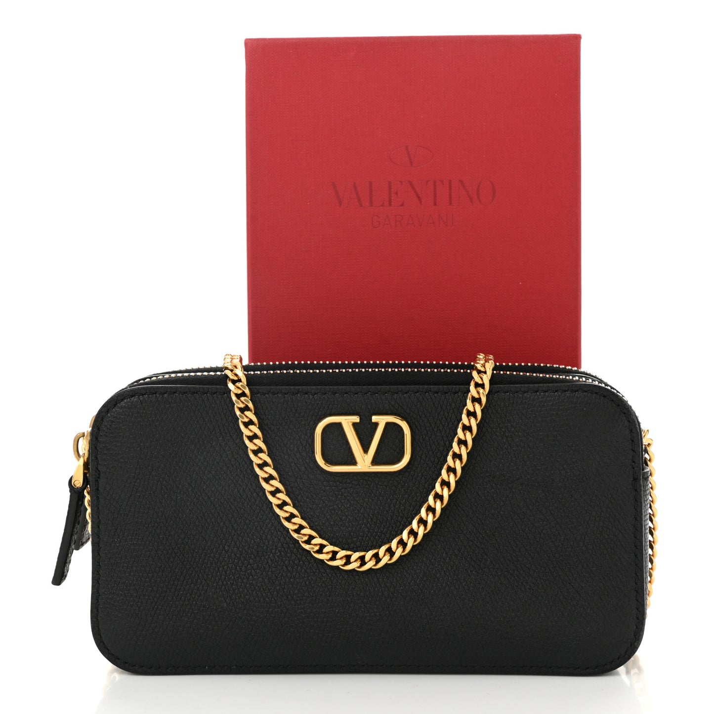 Grainy Calfskin VLogo Double Zip Camera Crossbody Bag Black