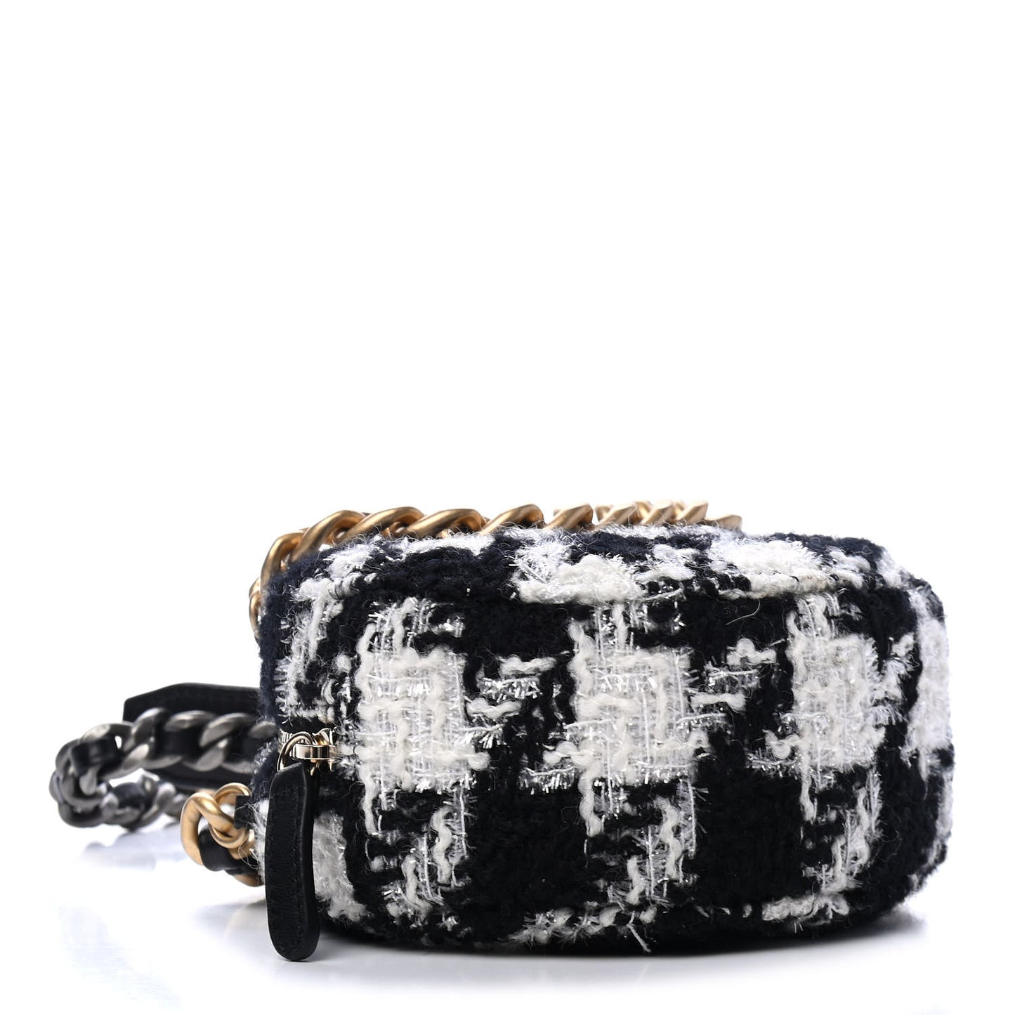 Wool Tweed Lambskin Quilted Chanel 19 Round Clutch With Chain and Coin Purse Black White