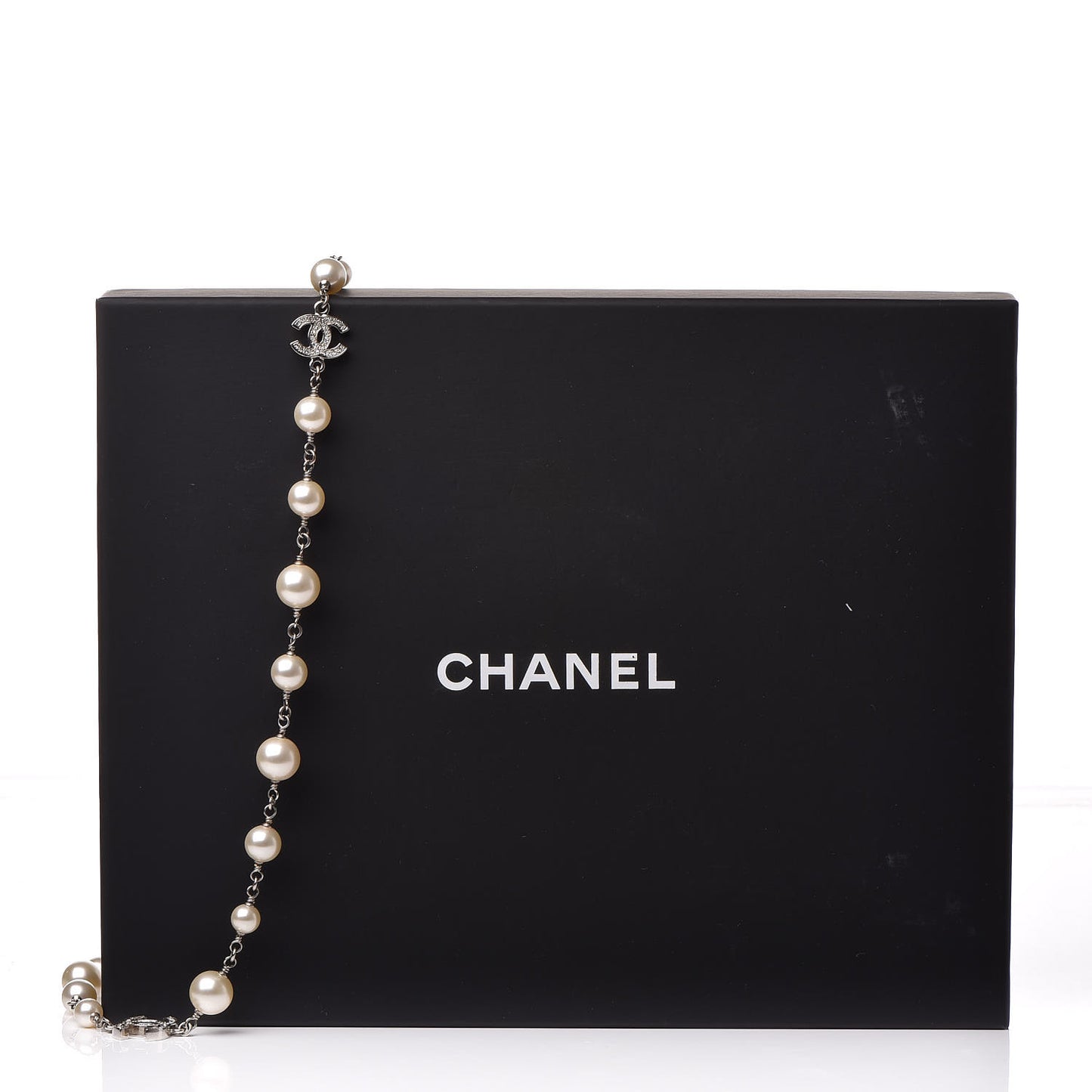Graduated Pearl Crystal CC Long Necklace Silver
