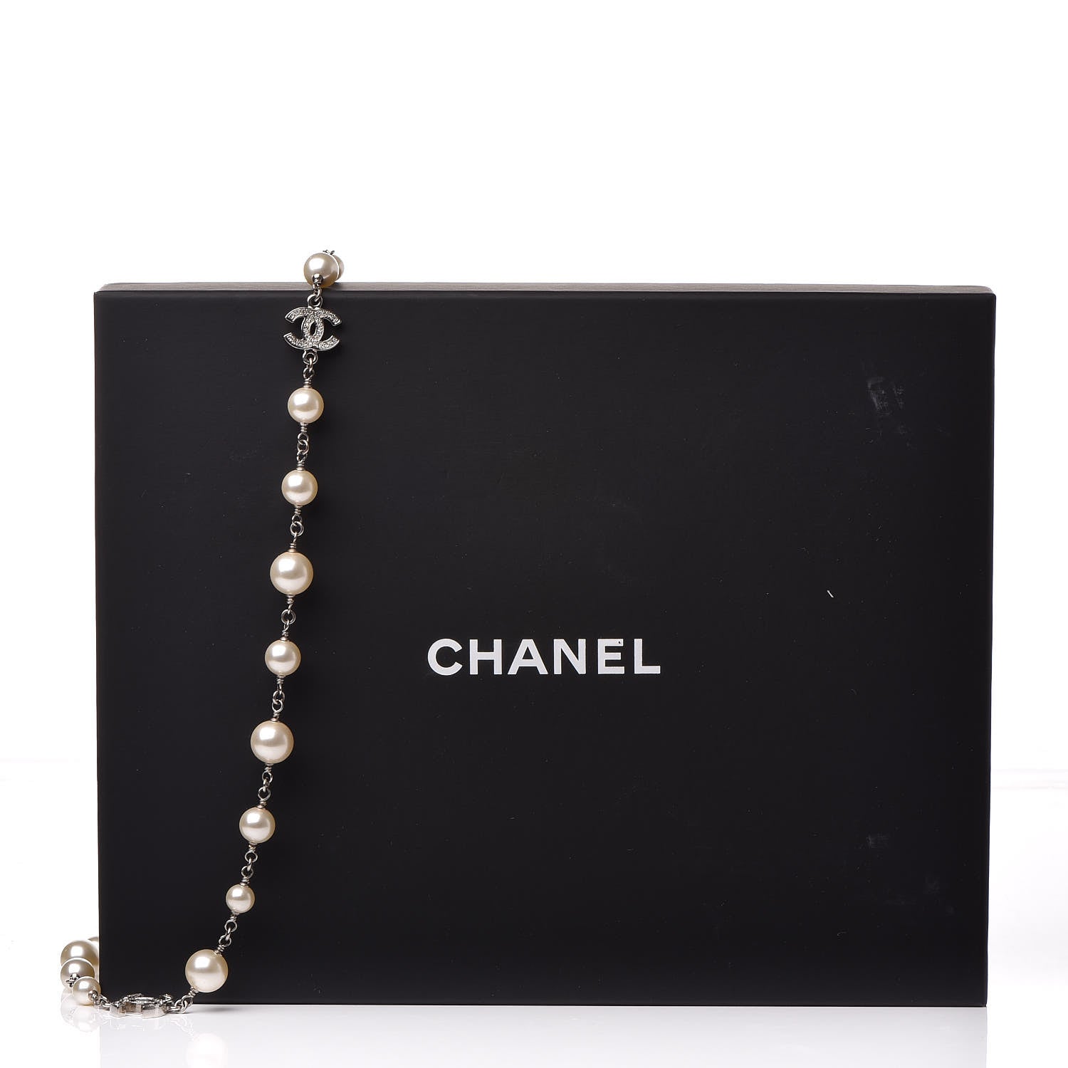 Chanel Graduated Pearl Crystal CC Long Necklace Silver 5 of 5