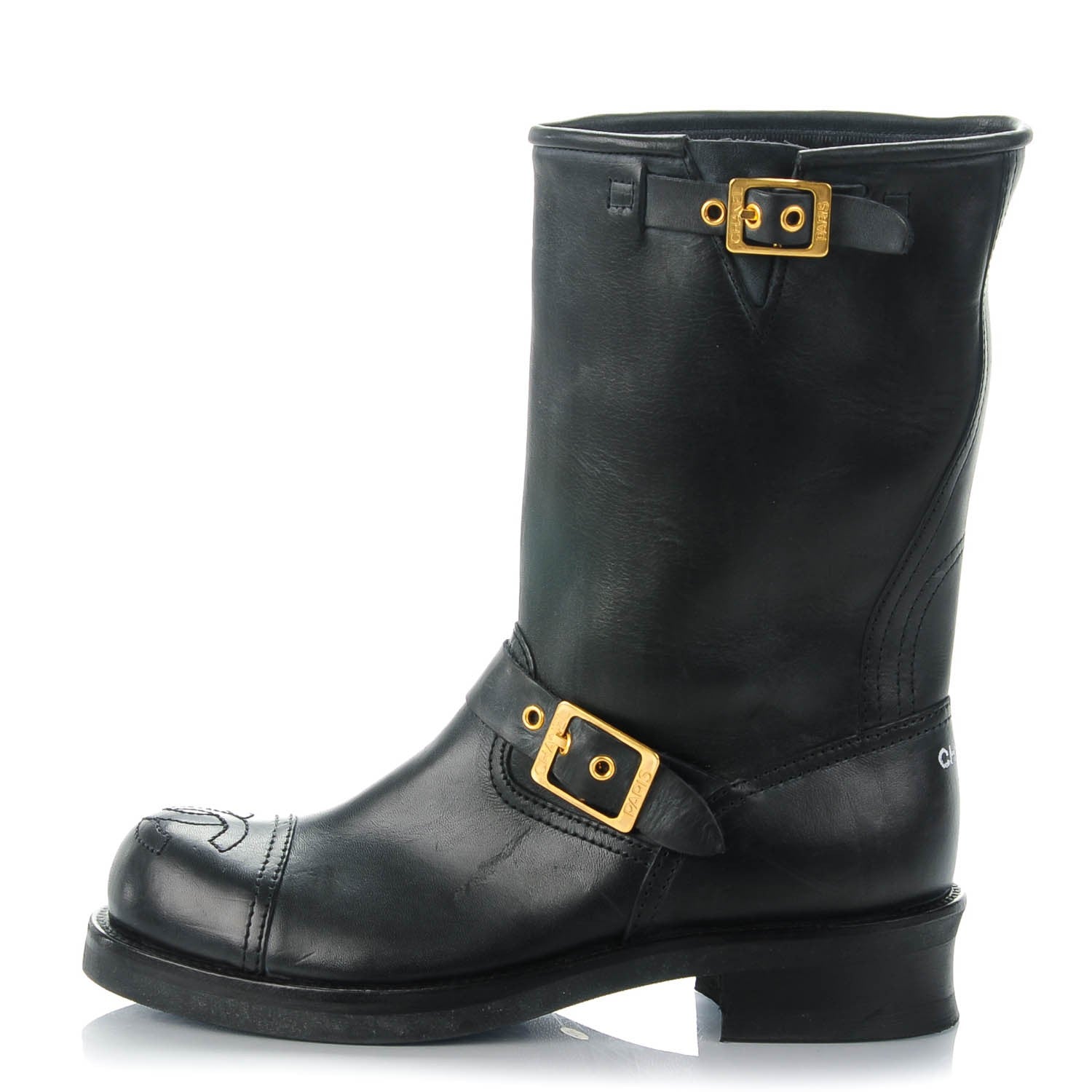 Chanel Distressed Calfskin Cap Toe Motorcycle Boots 38 Black 1 of 7