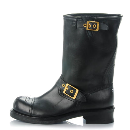 Chanel Distressed Calfskin Cap Toe Motorcycle Boots 38 Black 1 of 7