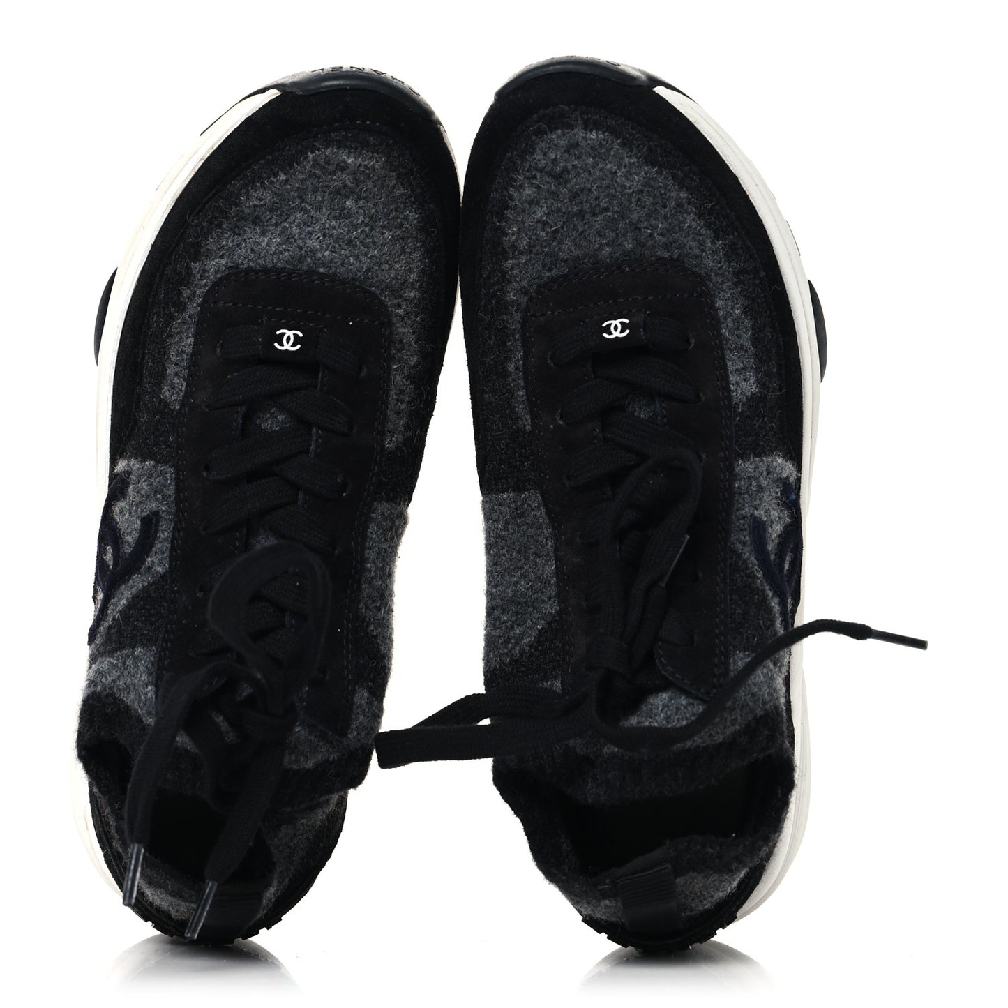 Knit Fabric Suede Calfskin Womens CC Sneakers 38.5 Black Grey
